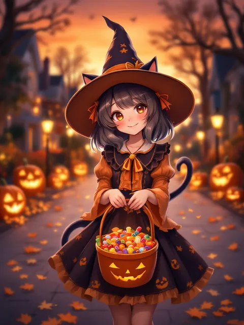 ハロウィン・お菓子集めのアニメ女の子 - AI イラスト プレビュー
