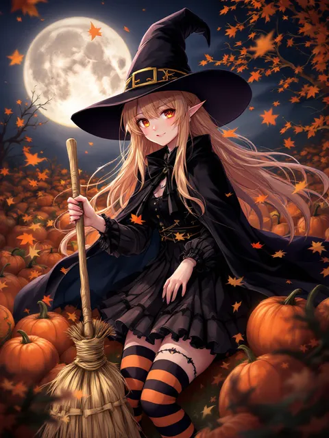 ハロウィン魔女コスチュームのアニメ女の子 - AI イラスト プレビュー