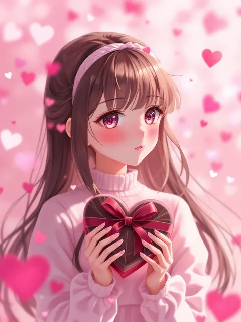 バレンタイン・チョコレートを持つアニメ女の子 の作例