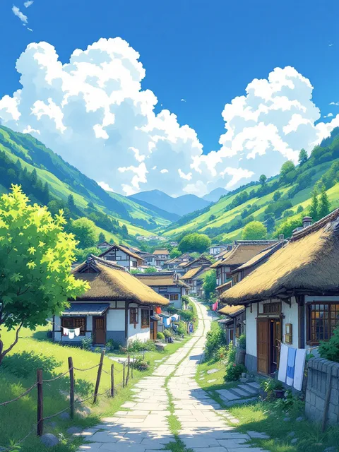 ジブリ風田舎の村風景プロンプト - AI イラスト プレビュー