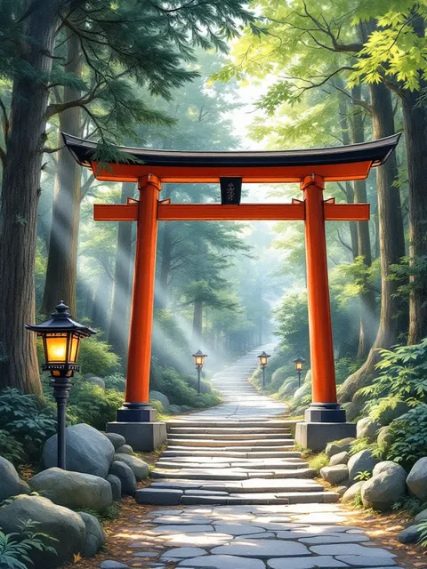 日本の神社・鳥居の風景イラスト - AI イラスト プレビュー