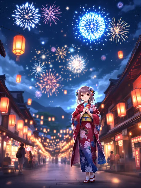 浴衣・夏祭りのアニメ女の子プロンプト - AI イラスト プレビュー