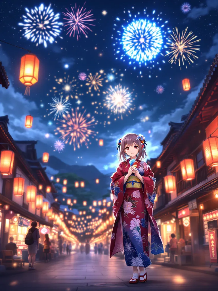 浴衣・夏祭りのアニメ女の子プロンプト - AI イラスト サンプル
